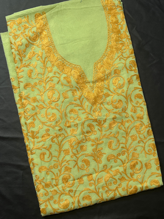 Kashmiri Botti Aari 2 Piece Unstitched Suit  |  Olive Green
