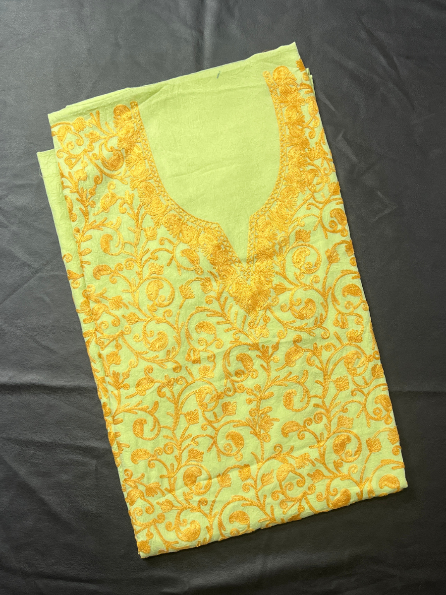 Kashmiri Botti Aari 2 Piece Unstitched Suit  |  Olive Green