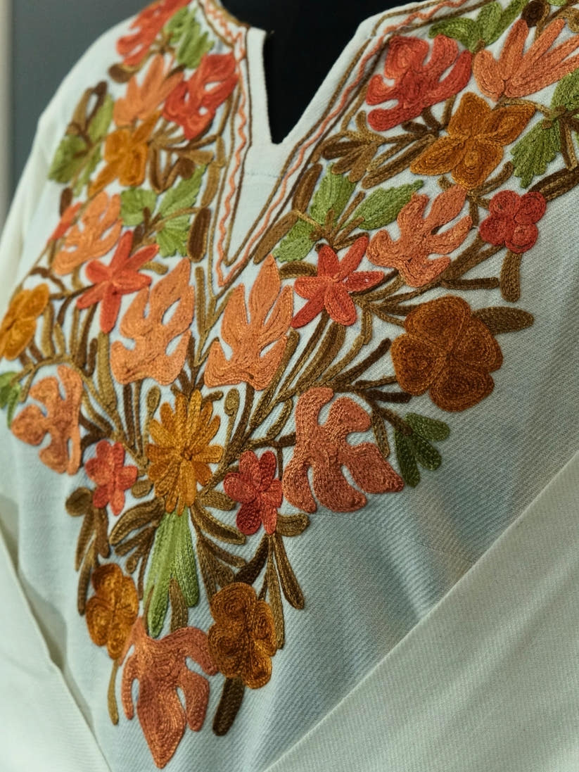 White Kashmiri Pheran with Mustard & Gold Floral Embroidery | Manual Aari Embroidered Wool Phiran