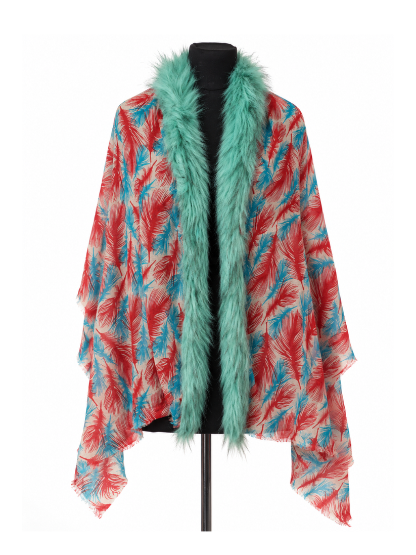 Coral & Aqua Feather Print Shawl with Faux-Fur Trim