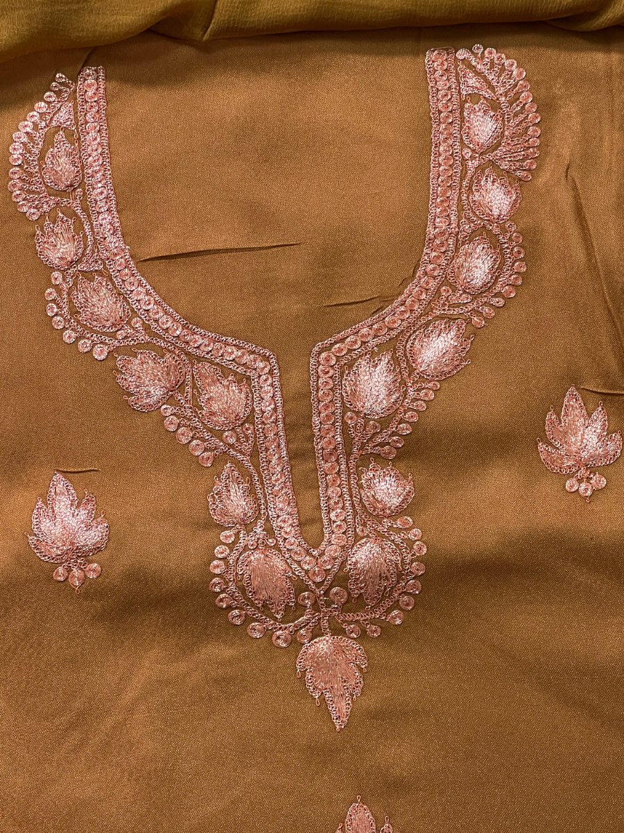 Kashmiri Botti Tilla 3 Piece Unstitched Suites | Brown