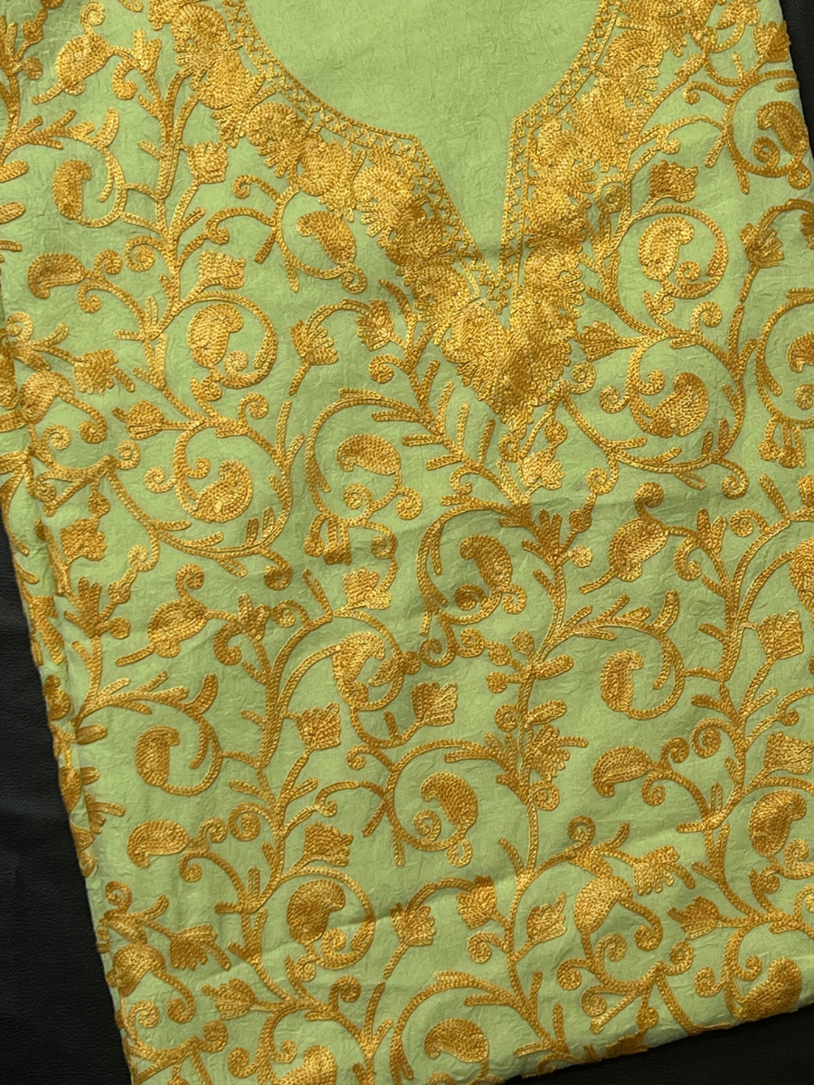 Kashmiri Botti Aari 2 Piece Unstitched Suit  |  Olive Green