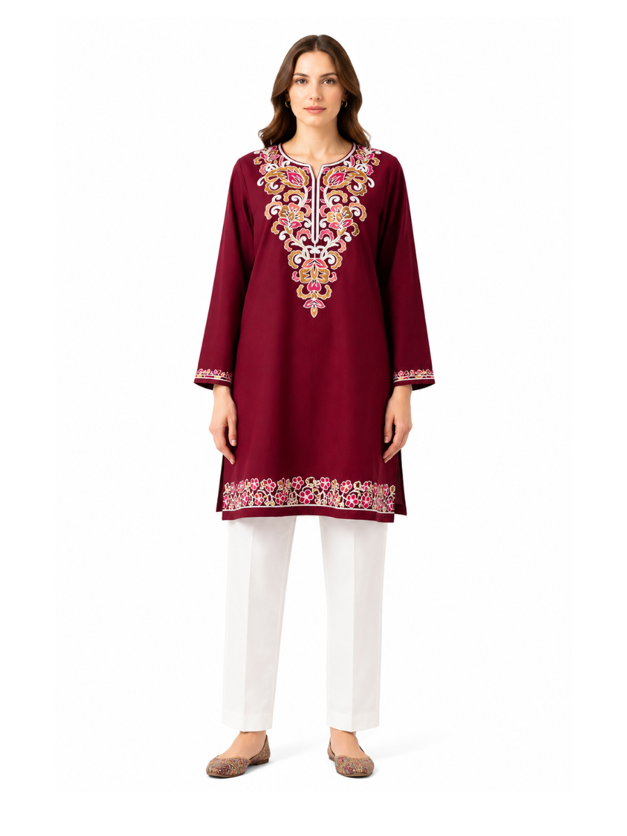 Noor : Aari embroidery summer kurti | Dark Red