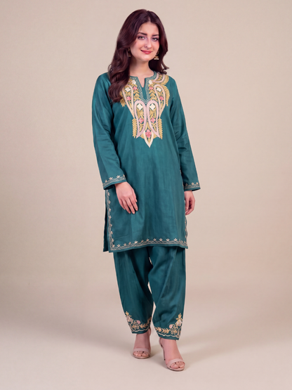 Kashmir Aari cotton Co-Ord Set | Dark Teal