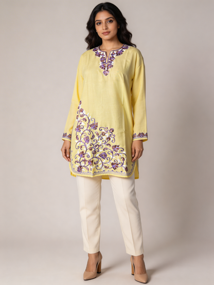 Noor : Aari embroidery summer kurti | Light yellow