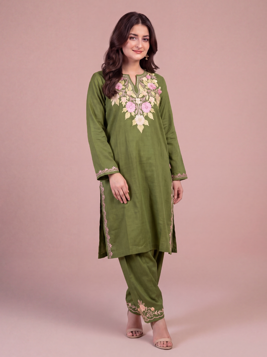 Kashmir Aari cotton Co-Ord Set | Dark Green