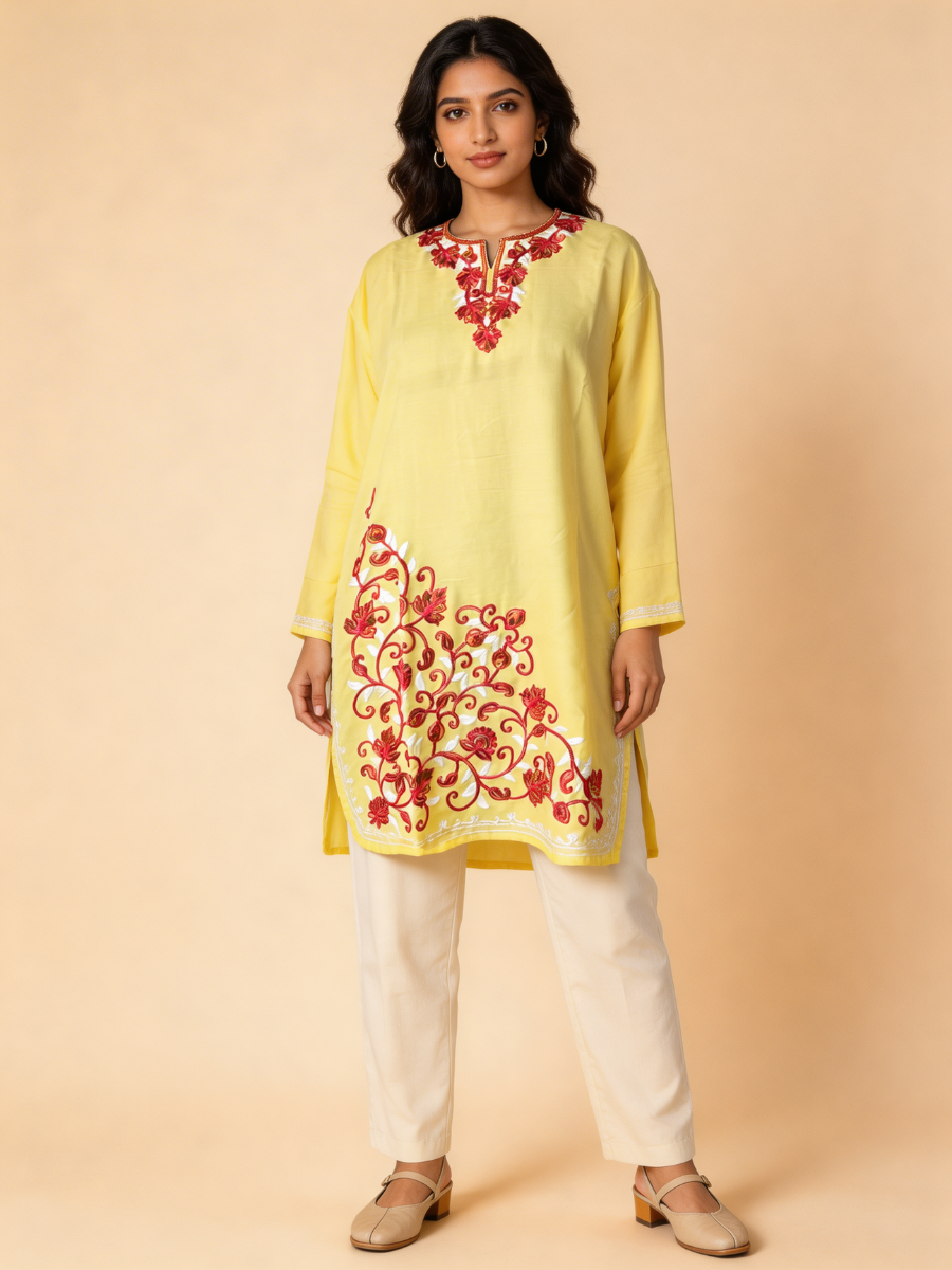 Noor : Aari embroidery summer kurti | Light yellow