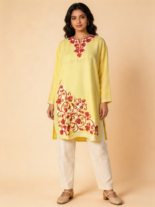 Noor : Aari embroidery summer kurti | Light yellow