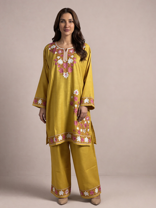 Noor : Aari embroidery summer Co-Ord Set | Gold