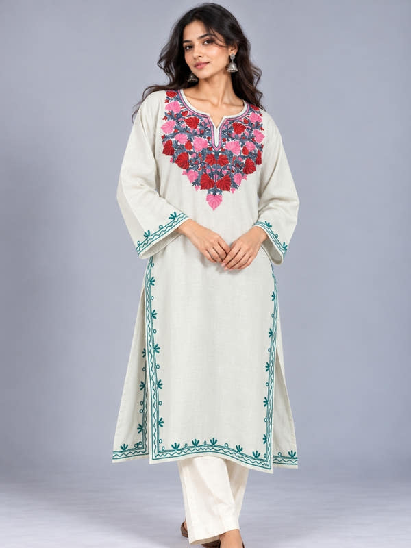White Kashmiri Pheran with Pink & Red Floral Embroidery – KAARKASH