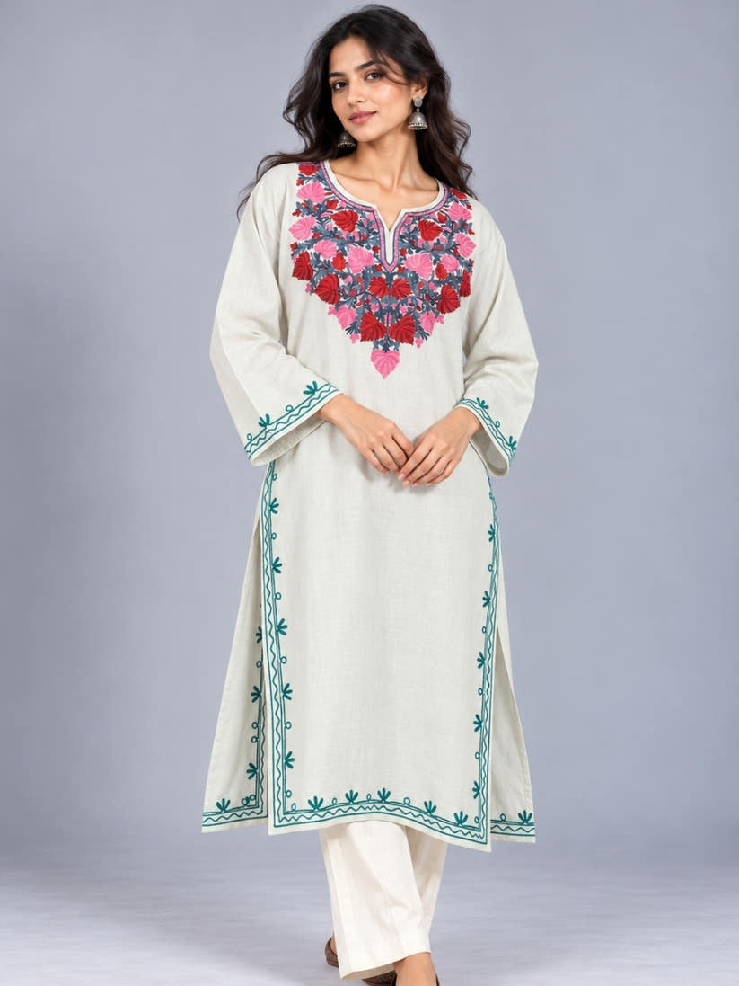 White Kashmiri Pheran with  Floral Embroidery | Aari Embroidered Wool Phiran