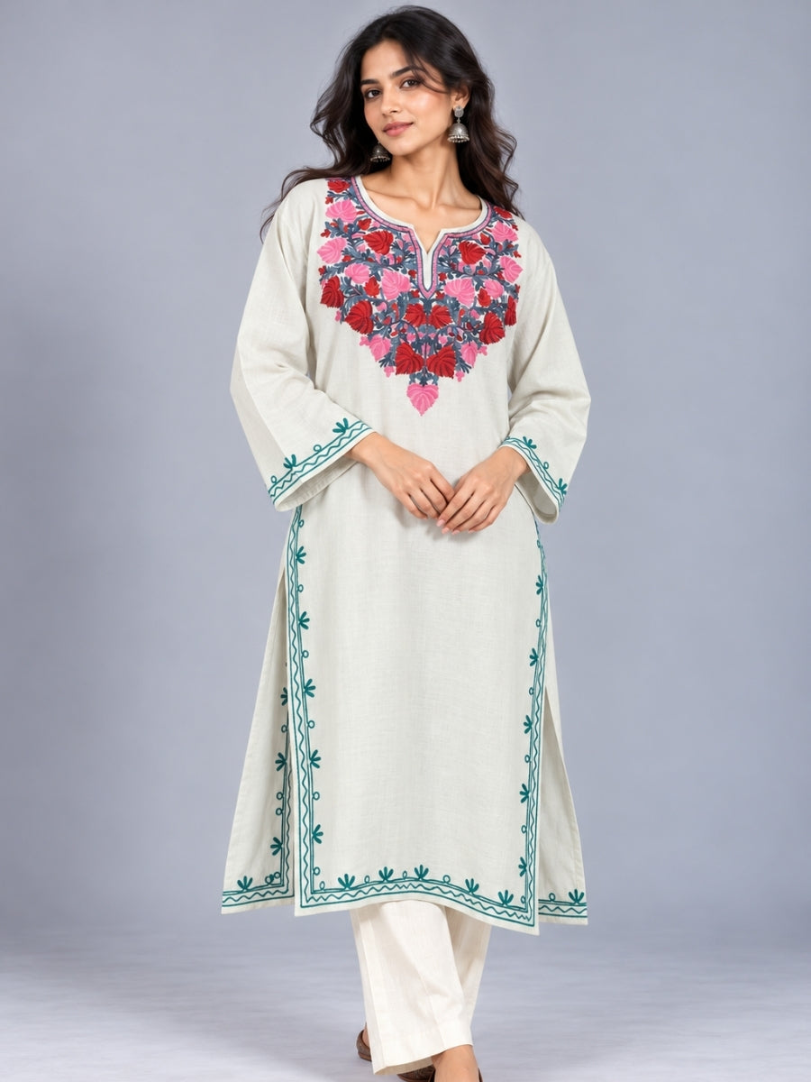 White Kashmiri Pheran with  Floral Embroidery | Aari Embroidered Wool Phiran