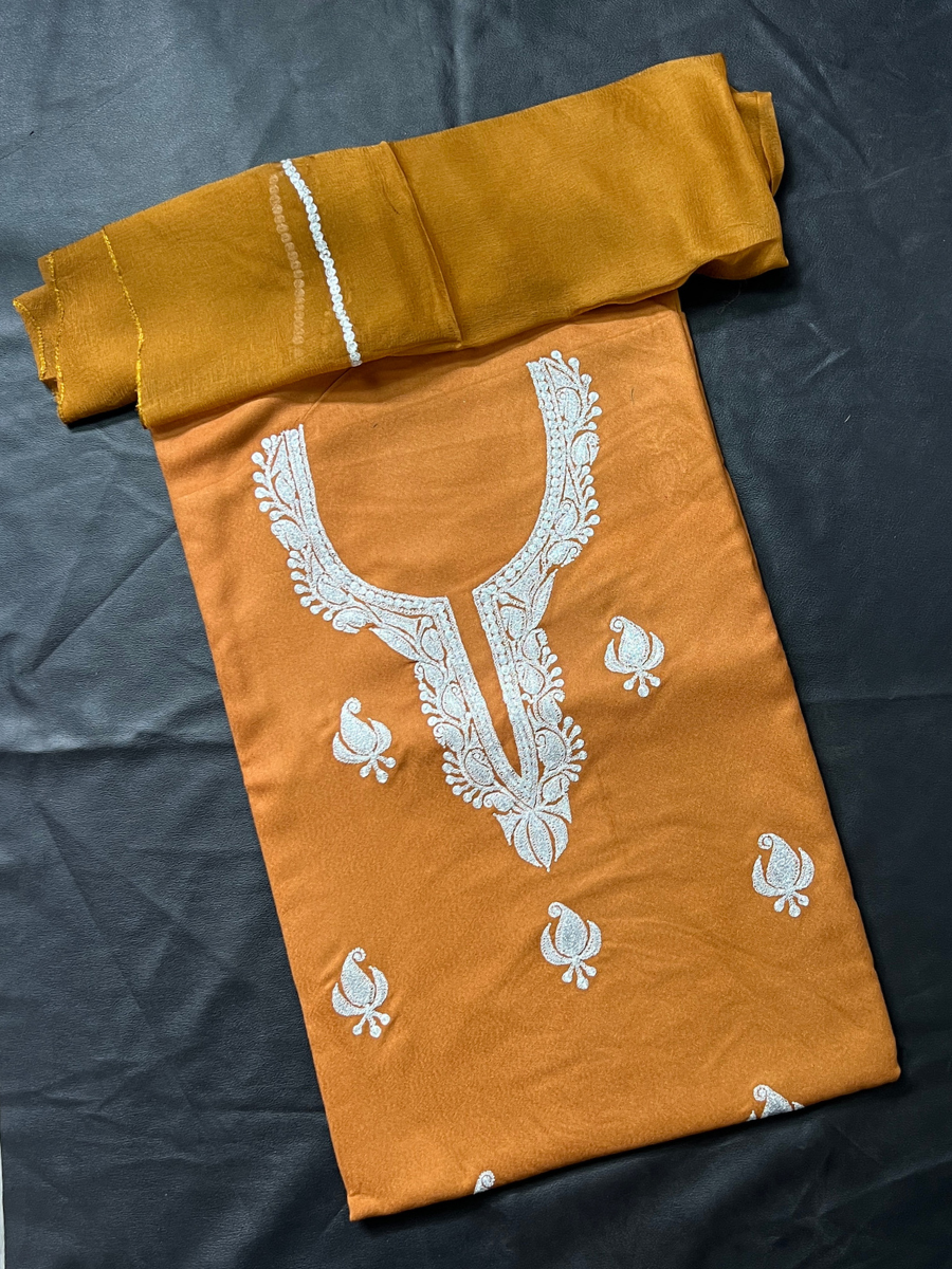 Kashmiri Botti Tilla 3 Piece Unstitched Suites | Brown