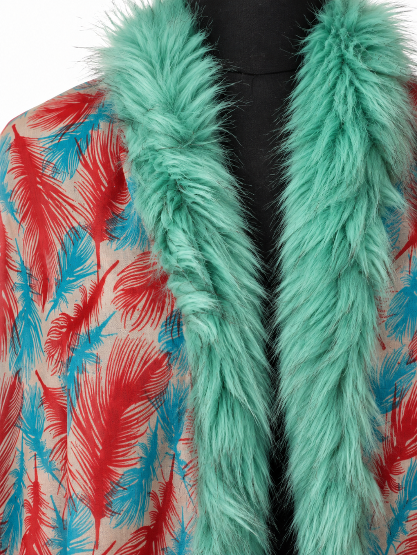 Coral & Aqua Feather Print Shawl with Faux-Fur Trim