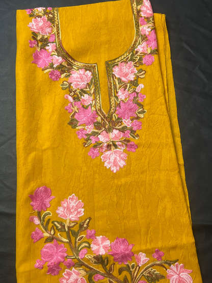 Gul Kashmiri Aari 2 Piece Unstitched Suit  |  Mustard