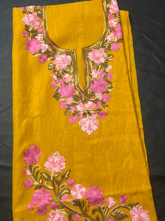 Gul Kashmiri Aari 2 Piece Unstitched Suit  |  Mustard