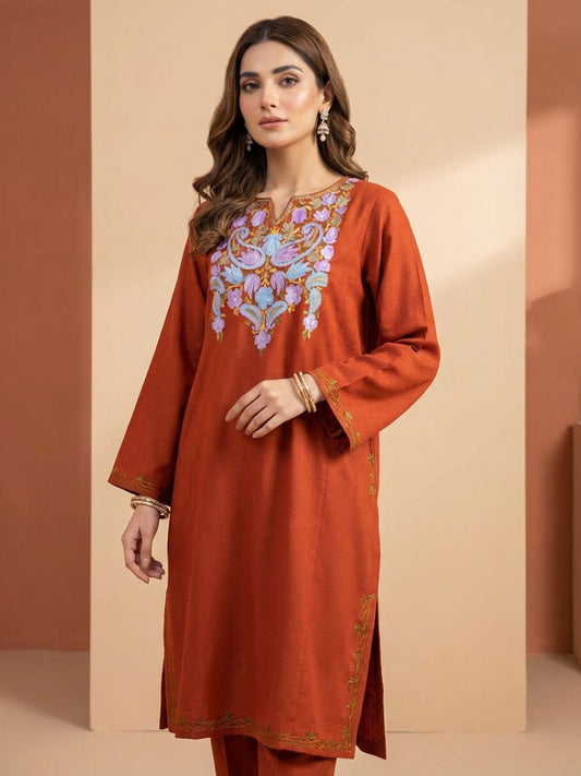 Kashmiri Aari Embroidered Phiran – Light Blue , pink and brown| Rust