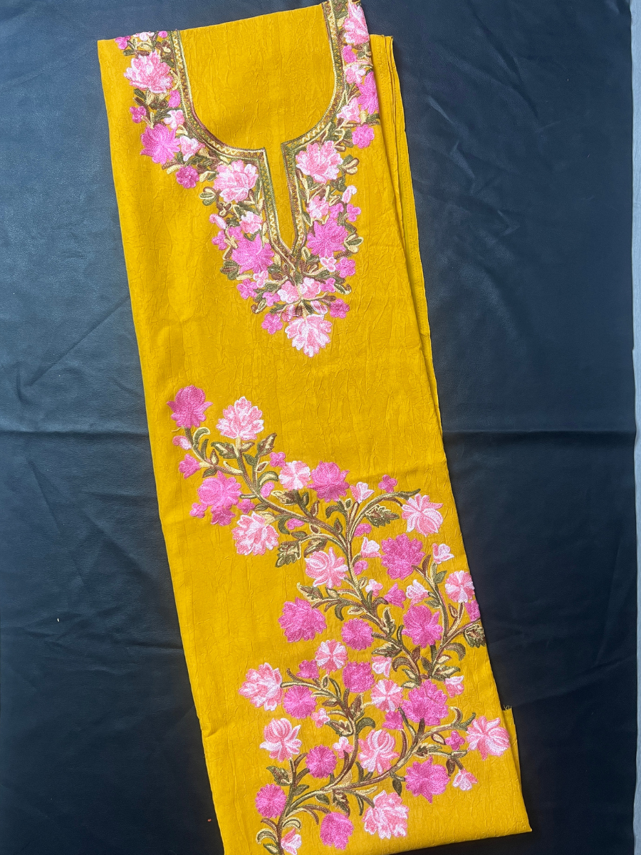 Gul Kashmiri Aari 2 Piece Unstitched Suit  |  Mustard