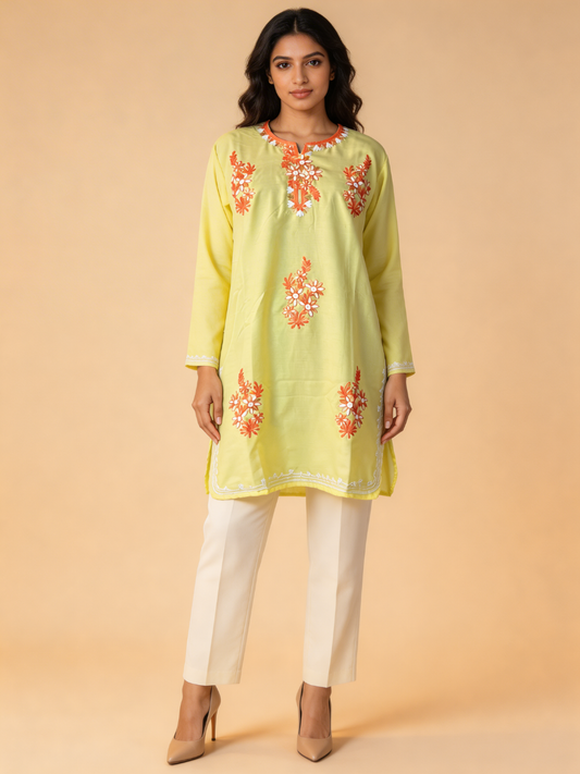 Noor : Aari embroidery summer kurti | Light yellow