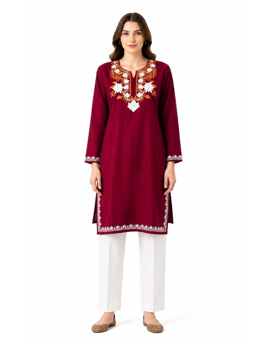 Noor : Aari embroidery summer kurti | Dark Red