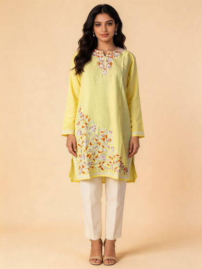 Noor : Aari embroidery summer kurti | Light yellow