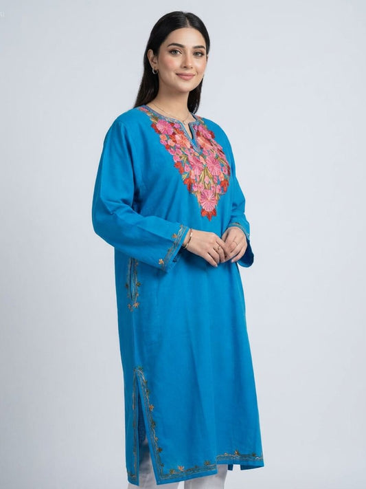 Kashmiri Aari Embroidered Phiran – Pink & Red | Teal Blue