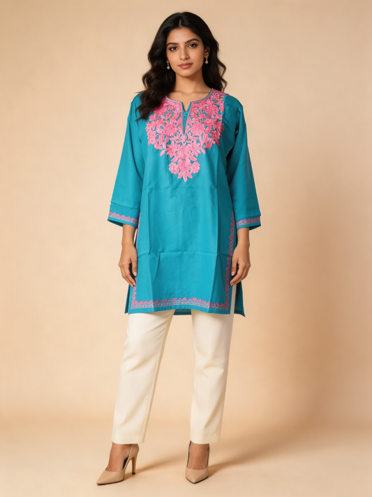 Noor : Aari embroidery summer kurti | Dark Teal