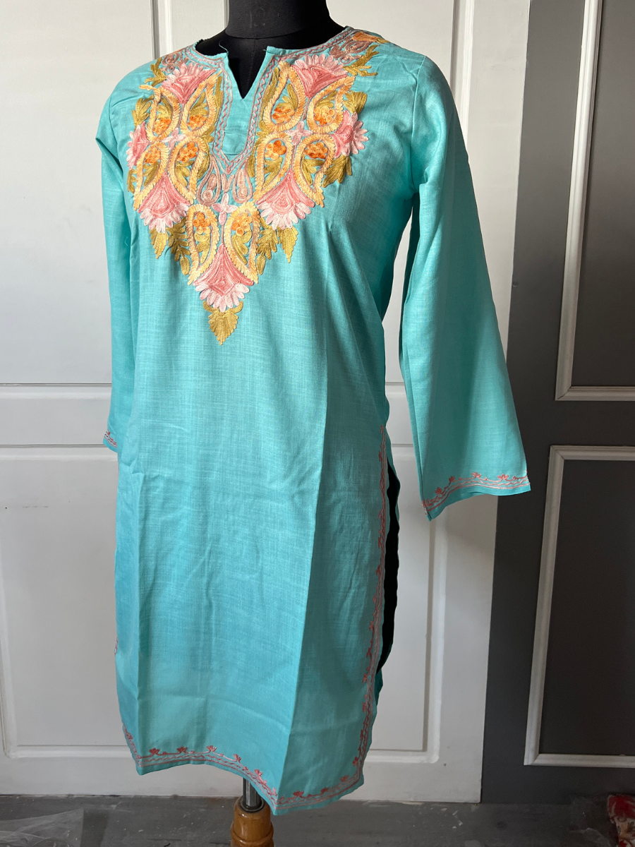 Kashmiri Manual Aari worked cotton Co-Ord Set | Ocean Breeze