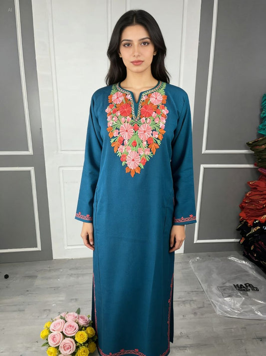 Kashmiri Golden , pink , green and red Aari Embroidered Phiran | deep blue