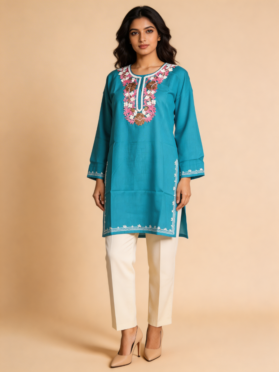 Noor : Aari embroidery summer kurti | Dark Teal
