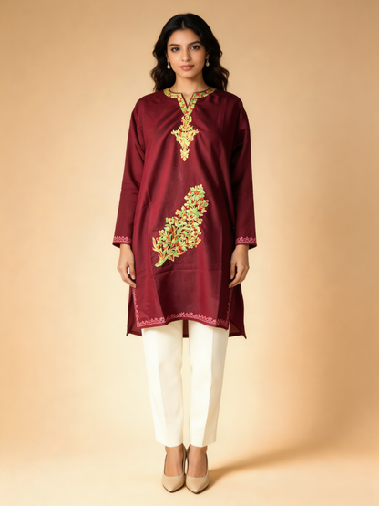 Noor : Aari embroidery summer kurti | Dark Red