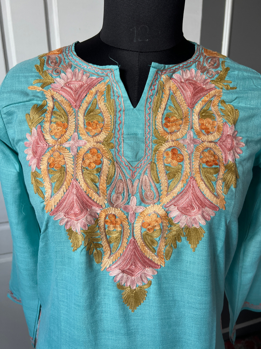 Kashmiri Manual Aari worked cotton Co-Ord Set | Ocean Breeze