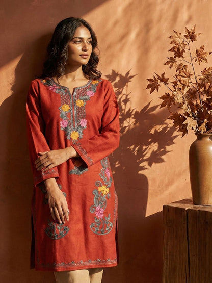 Kashmiri Aari Embroidered Phiran Kurtis  – Classic Rust