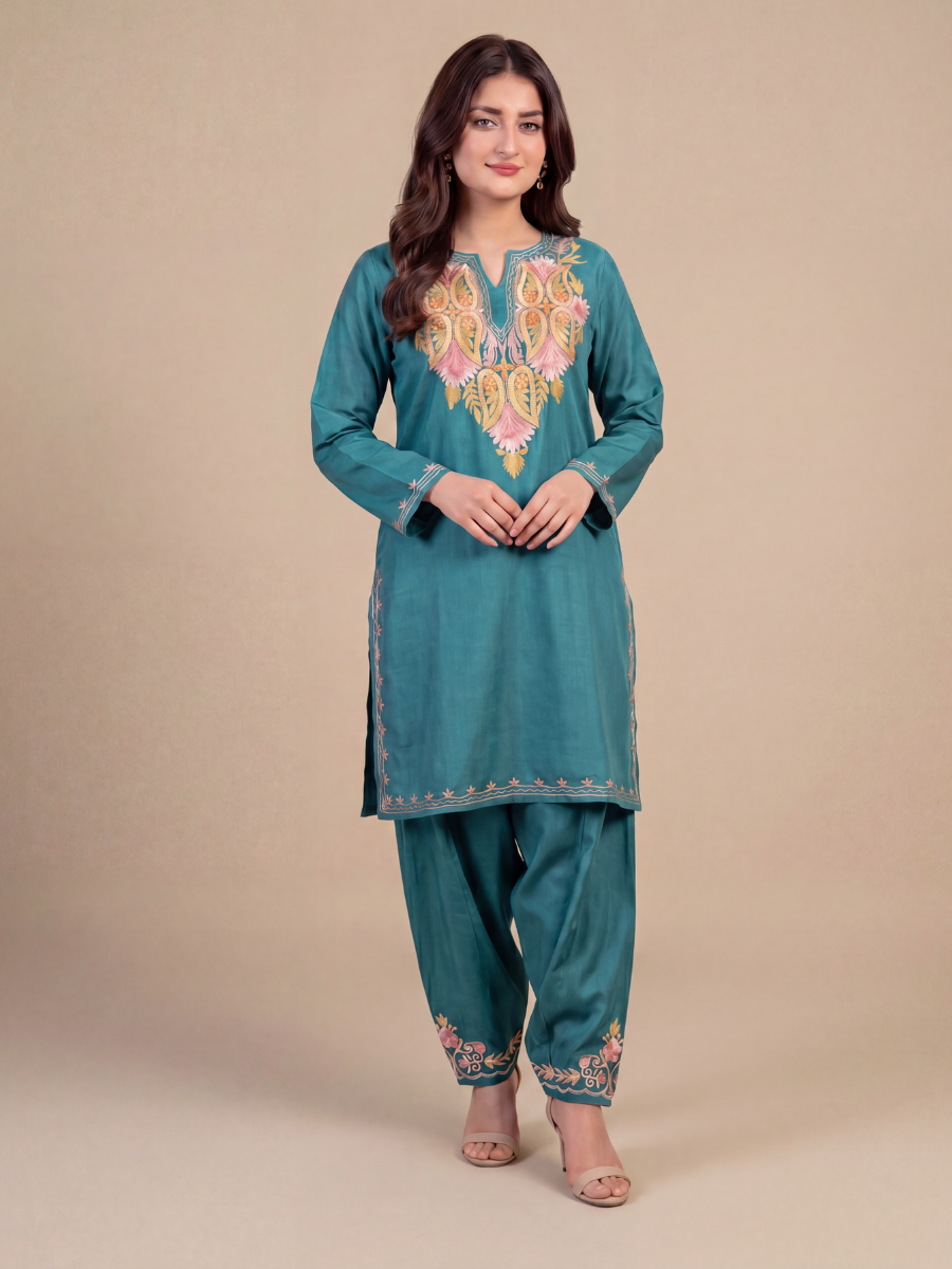 Kashmiri Manual Aari worked cotton Co-Ord Set | Ocean Breeze