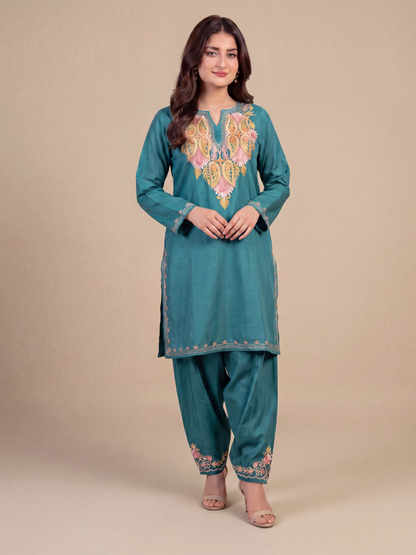 Kashmiri Manual Aari worked cotton Co-Ord Set | Ocean Breeze