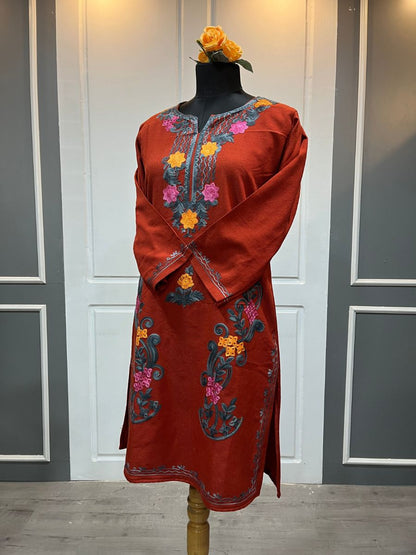 Kashmiri Aari Embroidered Phiran Kurtis  – Classic Rust