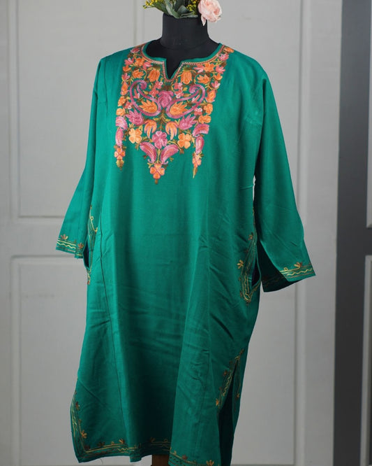 Kashmiri Aari Embroidered Phiran – Pink, Red & Green | Turquoise