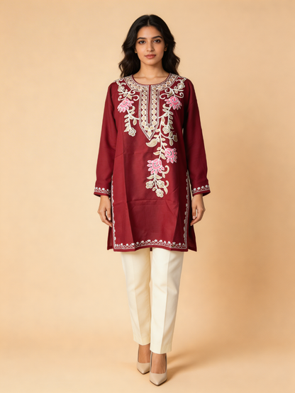Noor : Aari embroidery summer kurti | Dark Red