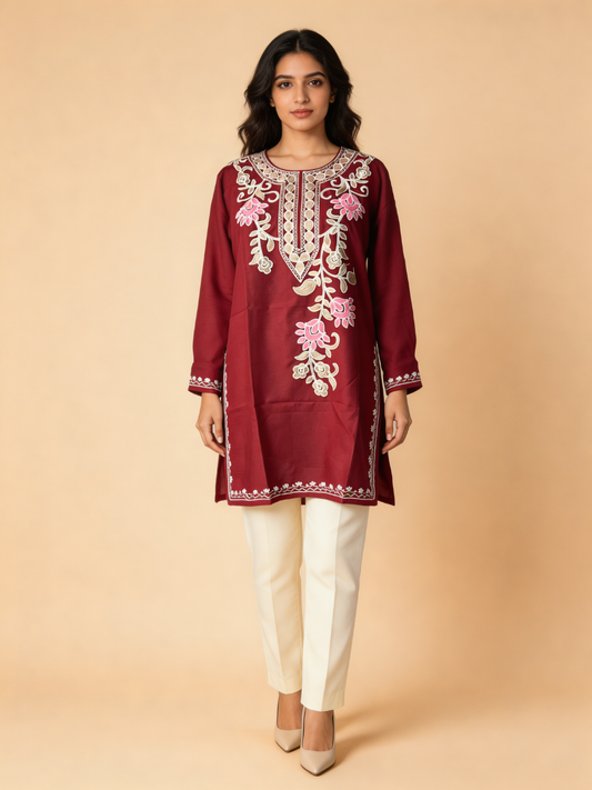 Noor : Aari embroidery summer kurti | Dark Red