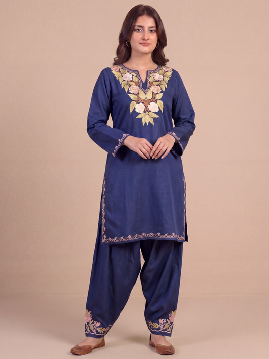 Kashmiri Manual Aari worked Cotton Co-Ord Set | Royal Indigo