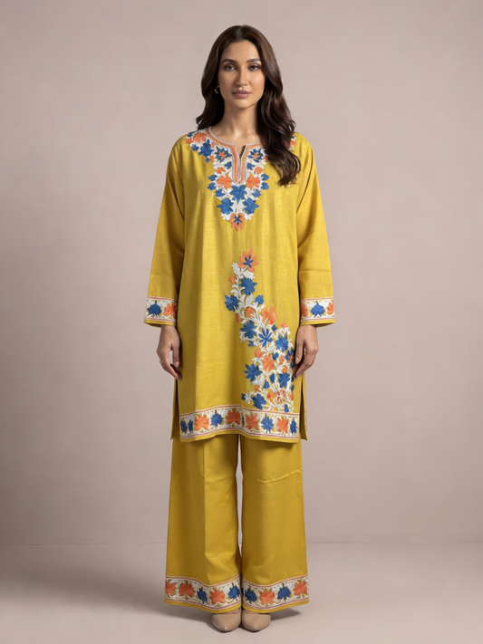 Noor : Aari embroidery summer Co-Ord Set | Gold