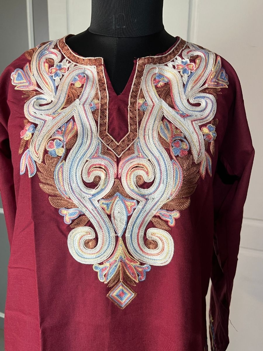 Noor : Aari embroidery summer kurti |Dark Red