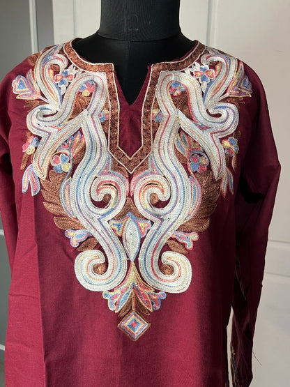 Noor : Aari embroidery summer kurti |Dark Red