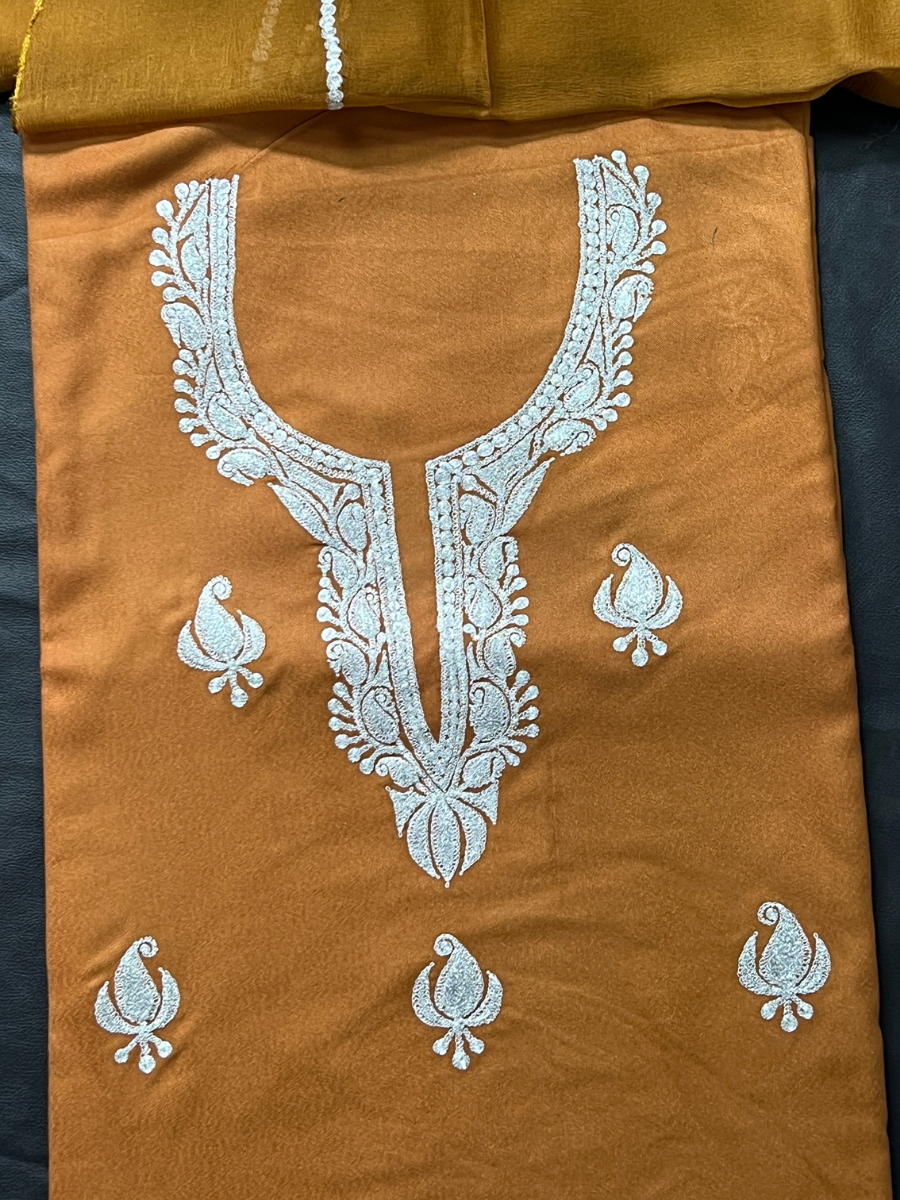 Kashmiri Botti Tilla 3 Piece Unstitched Suites | Brown