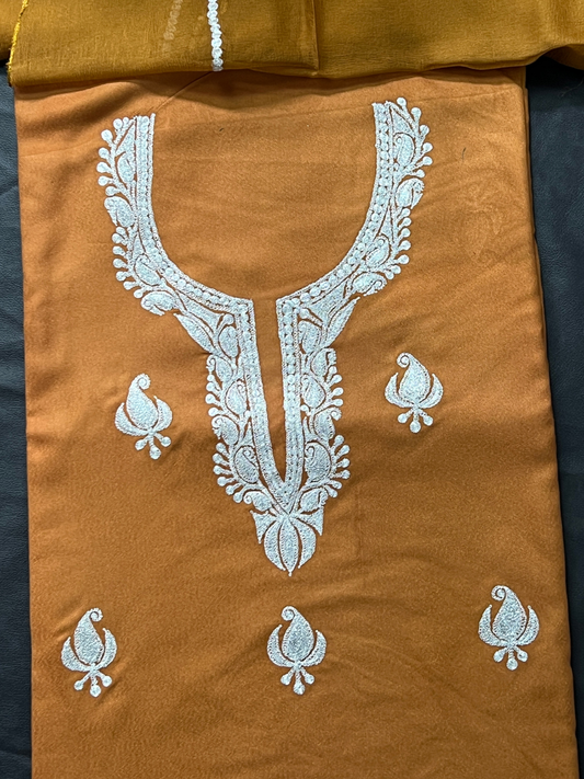 Kashmiri Botti Tilla 3 Piece Unstitched Suites | Brown