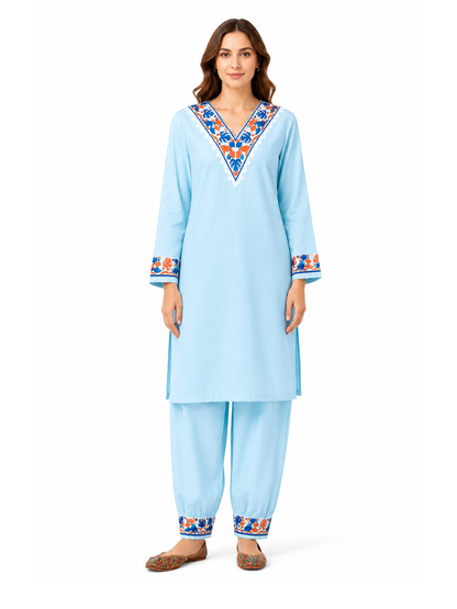Noor : Kashmiri Aari embroidery summer Co-Ord Set | Aqua
