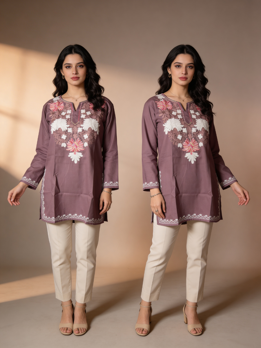 Noor : Aari embroidery summer kurti | Grayish-Brown