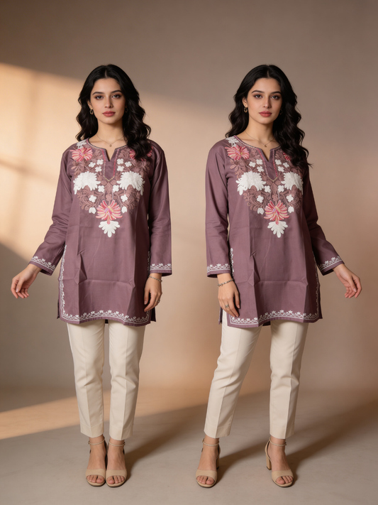 Noor : Aari embroidery summer kurti | Grayish-Brown