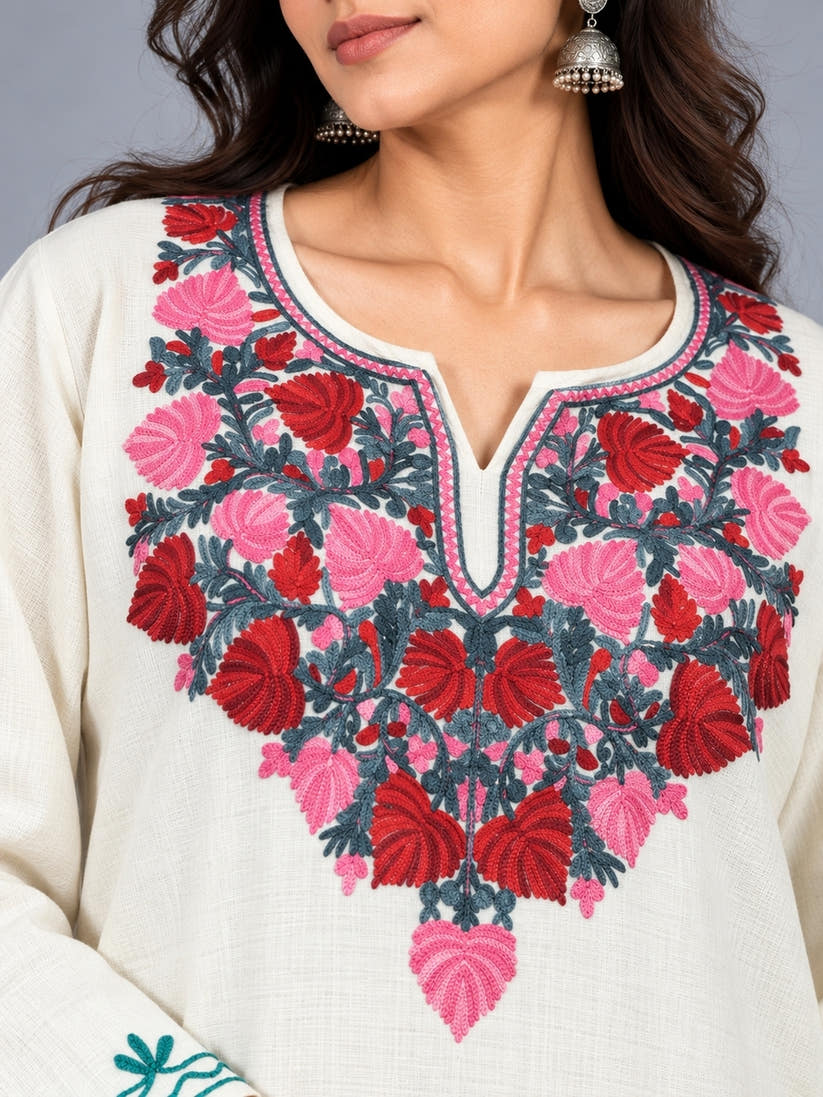 White Kashmiri Pheran with  Floral Embroidery | Aari Embroidered Wool Phiran