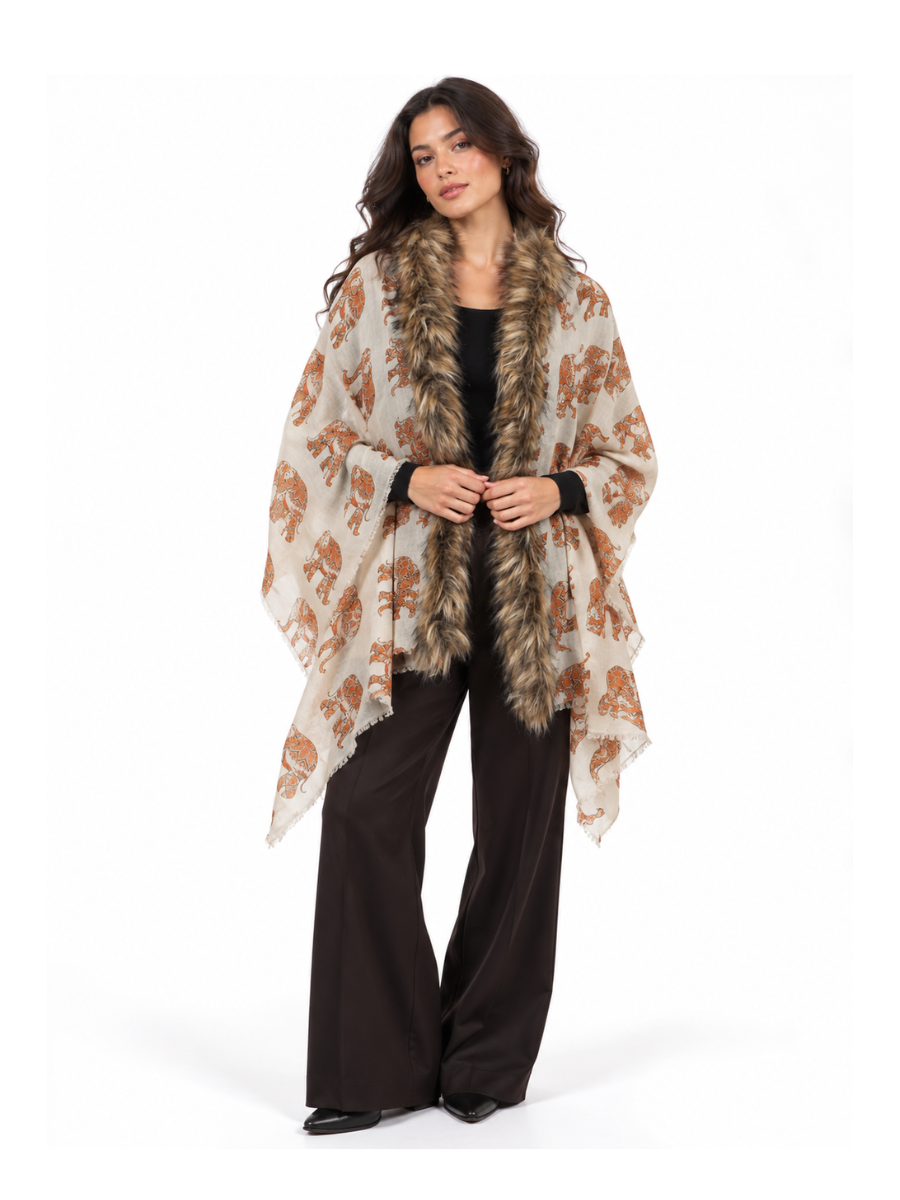Cocoa Heritage Printed Shawl with Textured Fur Trim